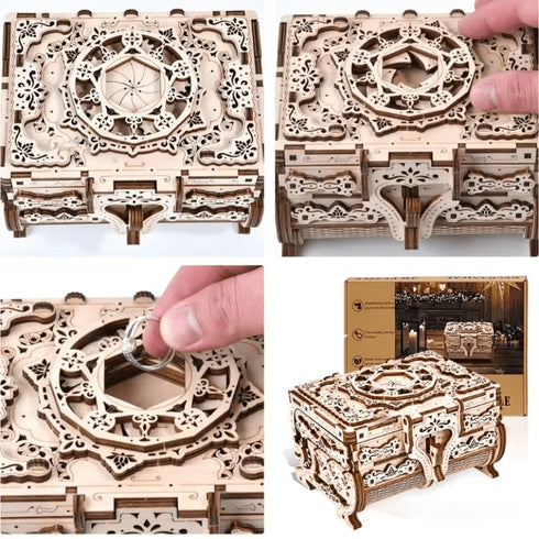 Boîte Antique Box avec mécanisme iris sur couvercle, compartiment secret central pour bague de fiançailles et vue packaging