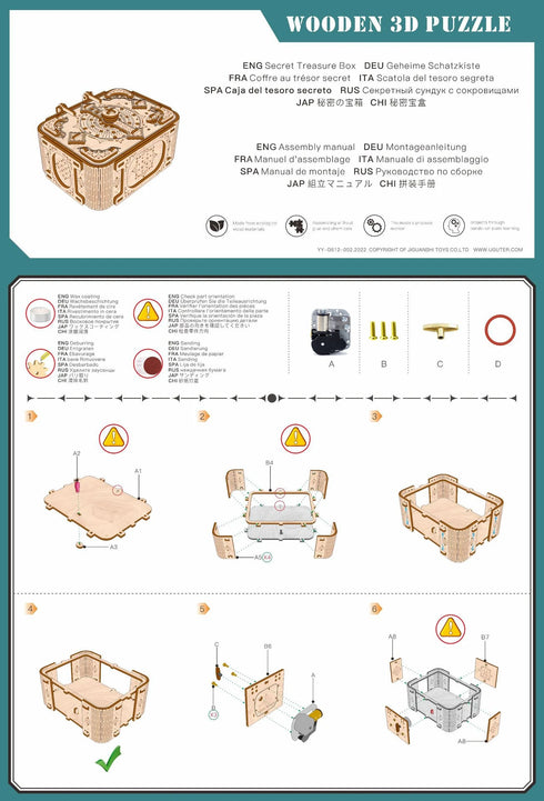 Notice montage coffret musical à code secret puzzle 3D bois multilingue, instructions étape par étape illustrées avec pièces