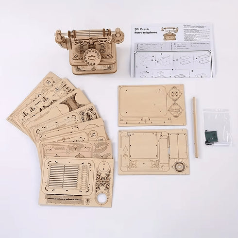 Contenu kit puzzle 3D bois téléphone rétro : modèle assemblé, planches prédécoupées laser, manuel d'instructions et accessoires de montage