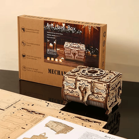 Kit maquette Antique Box puzzle 3D mécanique en bois avec boîte d'emballage, pièces prédécoupées et notice de montage