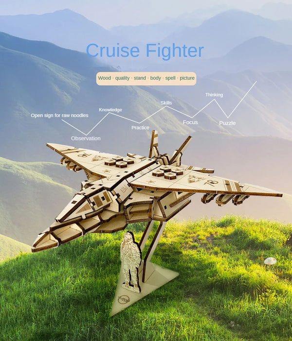 Maquette avion de chasse Cruise Fighter puzzle 3D bois sur socle avec figurine pilote, bénéfices éducatifs concentration