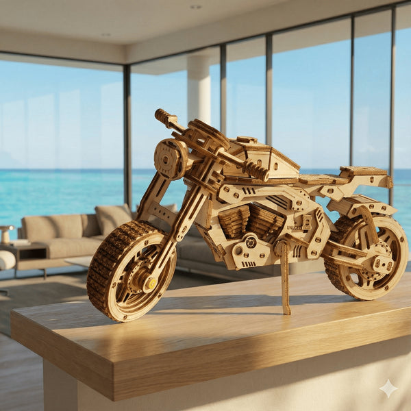 Maquette moto puzzle 3D en bois sur table dans salon moderne vue mer, décoration design style café racer avec moteur détaillé
