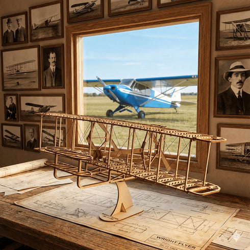 Maquette Wright Flyer en bois sur socle dans bureau aviation vintage avec plans techniques et photos historiques des pionniers