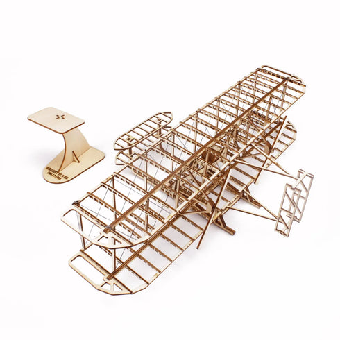 Kit complet Wright Flyer en bois, avion biplan assemblé et support d'exposition séparé avec gravure date historique