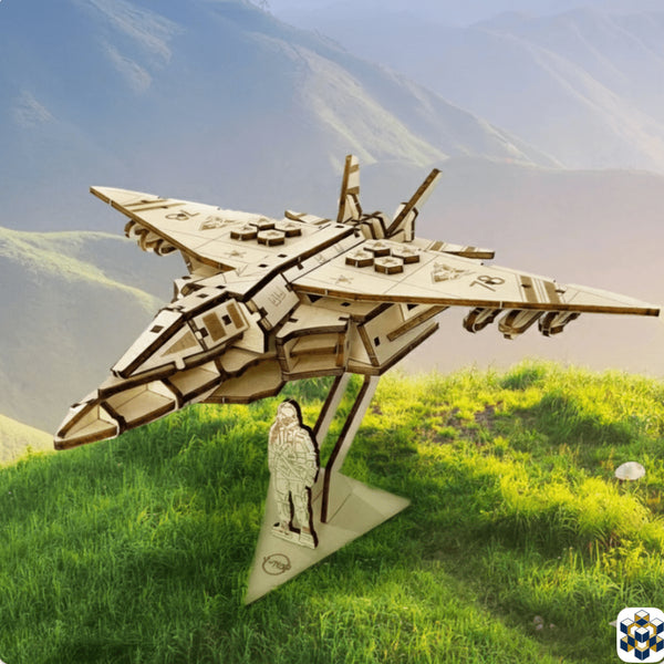 Maquette puzzle 3D en bois d'avion de chasse militaire avec figurine pilote sur support – kit d'assemblage mécanique sans colle