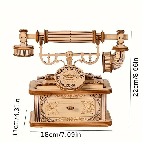 Puzzle 3D téléphone rétro en bois avec dimensions : largeur 18cm, profondeur 11cm, hauteur 22cm, maquette assemblée vue de face