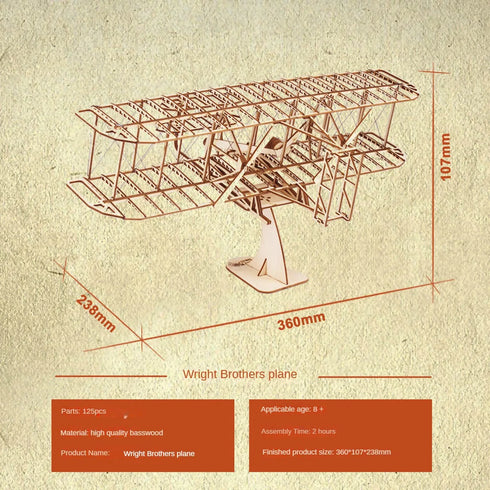 Fiche technique Wright Flyer puzzle 3D : 125 pièces, bois tilleul, dimensions 360x107x238mm, âge 8+, assemblage 2 heures