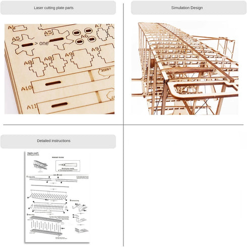 Contenu kit puzzle 3D Wright Flyer : planches prédécoupées référencées, aperçu assemblage et instructions pas à pas