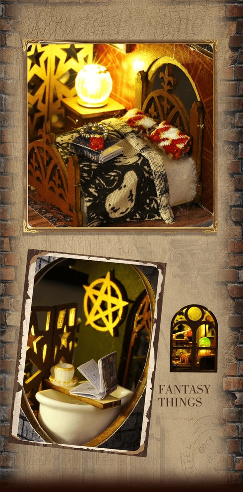 Détails accessoires maison miniature DIY fantasy - malle sorcier écharpe boule de cristal pentagramme et grimoires LED