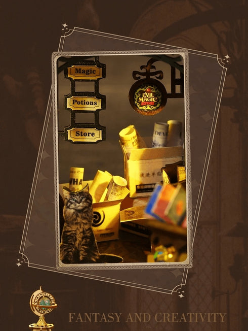 Détails maison miniature DIY Magic Potions Store - enseigne boutique sorcier chat parchemins et livres fantasy