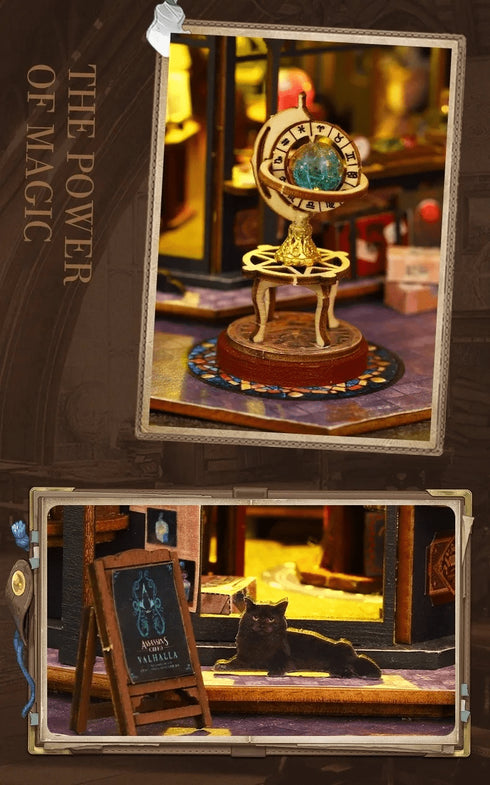 Détails maison miniature DIY magicien - globe astrolabe doré lumineux chat noir devant cheminée et décor fantasy