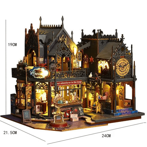 Maison miniature DIY boutique magicien dimensions 19x24x21.5cm - puzzle 3D bois avec éclairage LED taille réelle