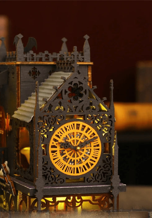 Puzzle 3D bois tour horloge gothique style steampunk avec découpe laser et éclairage LED - détail maquette miniature DIY